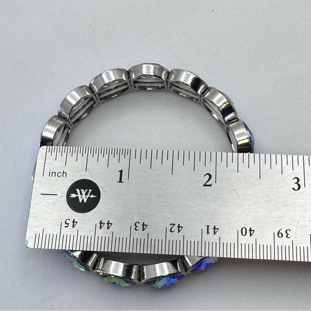Silver Tone AB Crystal Stretch Bracelet Rainbow Faceted Statement Glam Stacking - Picture 7 of 8